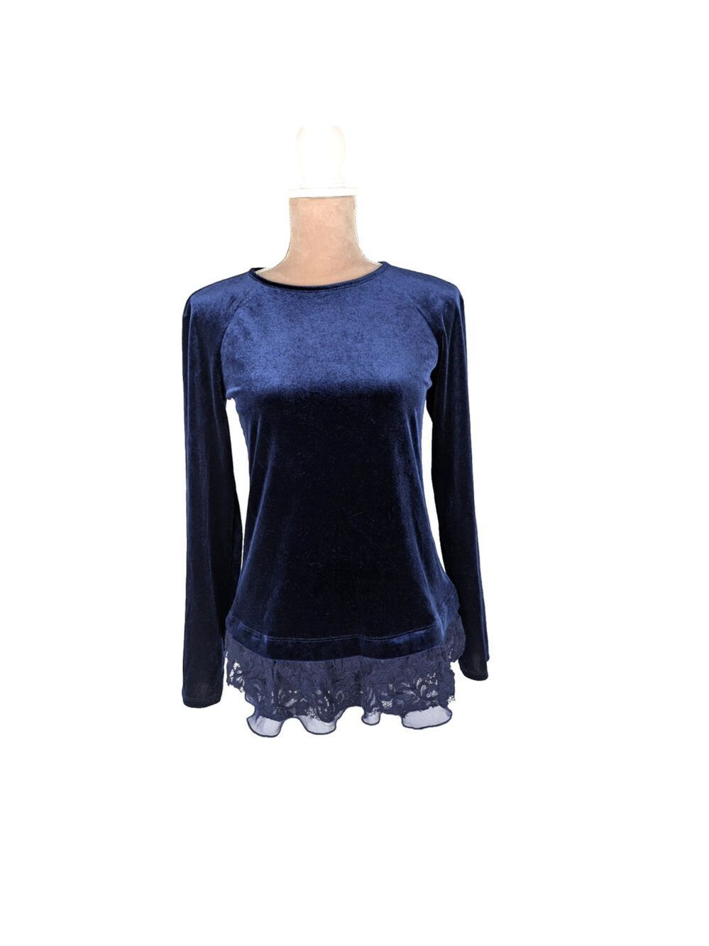 Sundance Grace Velvet Top Blouse Lace Trim Blue Sz XS Mixed Media Romantic Cozy